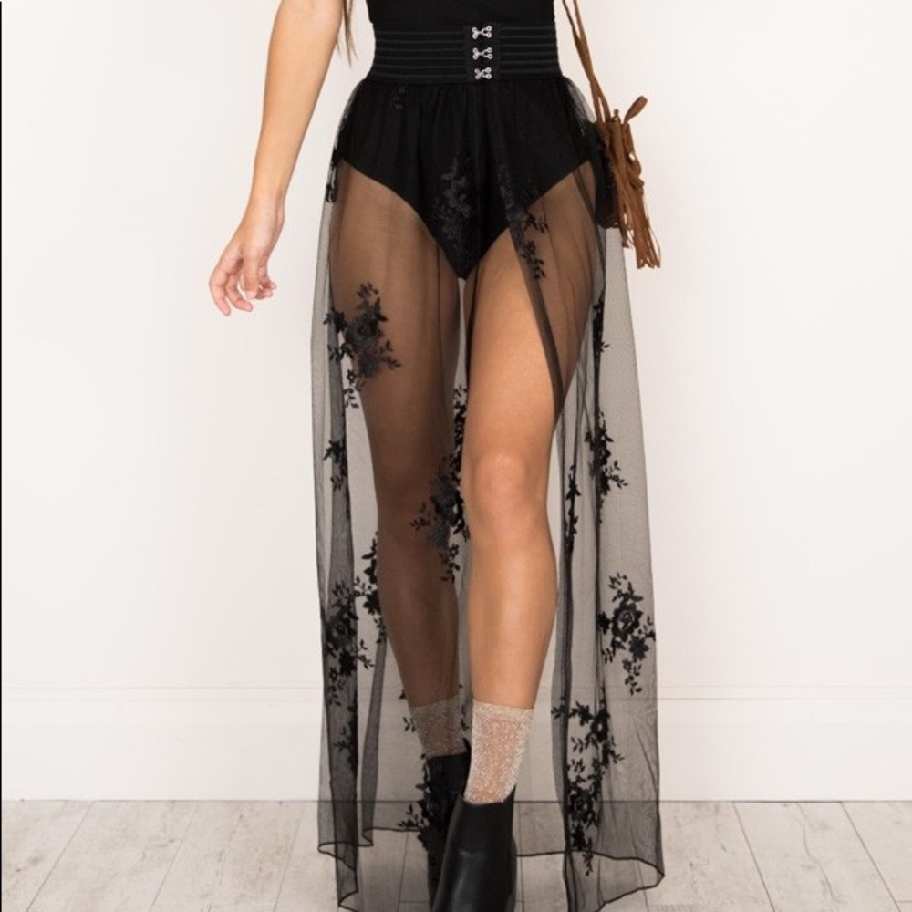 black sheer elastic waist festival maxi skirt
